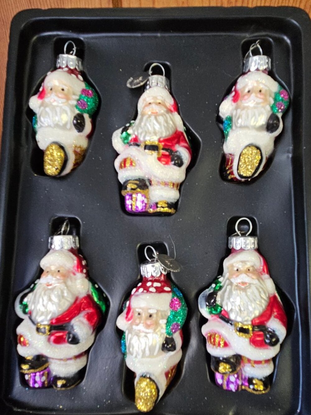 NIB Celebrations by Christopher Radko, Set of 6 Glass Santa Ornaments, 2 Designs